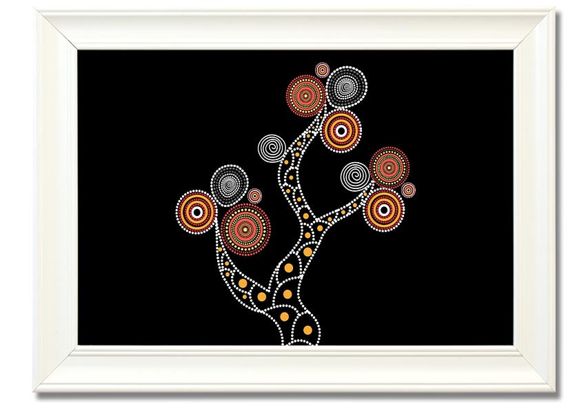 Framed Aboriginal Tree 1 print showcasing vibrant colors and intricate patterns, ready to hang.